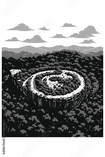 Spiral Maze Cliff in Forest Vector Illustration. Black and White Landscape of a Mysterious Circular Earthwork or Ancient Ruins. Concept for Puzzle, Adventure, and Mythology.. Adobe Illustrator Artwork