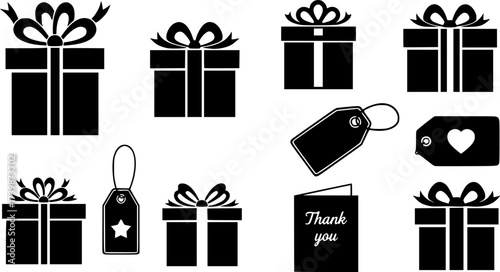 Gift icon set featuring presents, tags, and thank you card in silhouette style