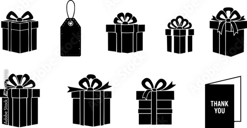 Gift icon set featuring presents, tags, and thank you card in silhouette style