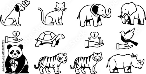 Charity animal icons for donation and awareness campaigns