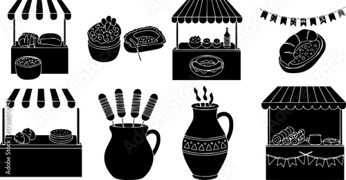 Silhouette icons of carnival food, market stalls, pottery, and celebration