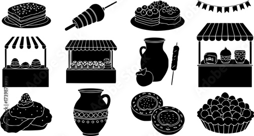 Silhouette icons of carnival food, market stalls, pottery, and celebration