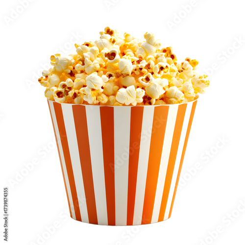 Delicious Popcorn in Striped Bucket on White Background for Snack Advertisement