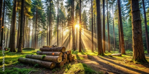 Sunbeams Illuminate a Stack of Logs in a Misty Forest at Dawn