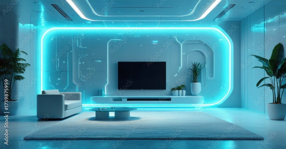 Obraz premium Modern living room features sleek design, glowing blue accents, minimalist furniture, plants. Futuristic interior creates calm atmosphere.