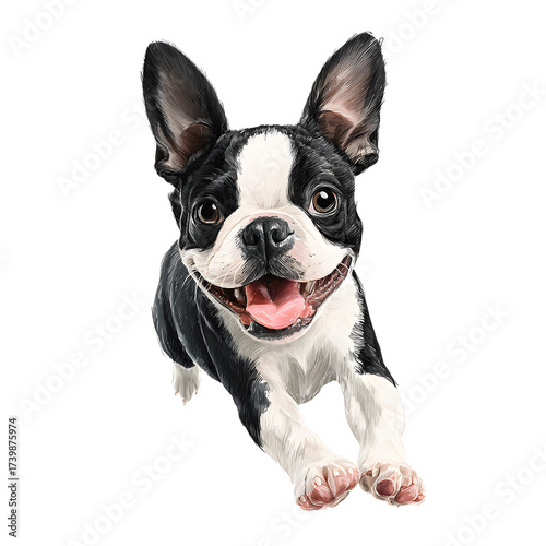 Smiling Boston Terrier Puppy Running - Realistic Pet Portrait