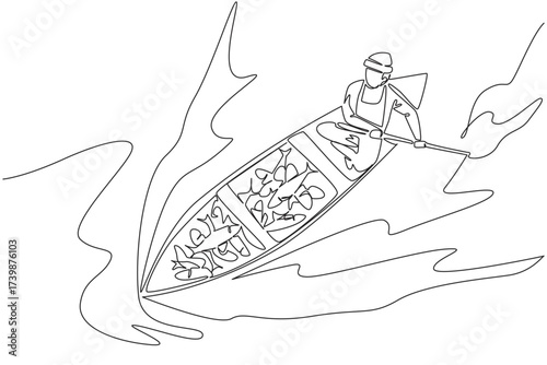 Single continuous line drawing a man wear jumpsuit and hat rowing a wooden boat with lots of fish in it. Abundant fish harvest. Lots of profit. Fisherman Hold Fish. One line design vector illustration
