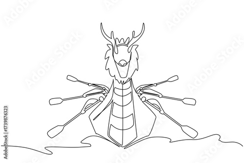 Continuous one line drawing dragon boat sail on the ocean with hands rowing on both sides of the boat. A cohesive team. Enthusiastic. Dragon Boat Festival. Single line draw design vector illustration