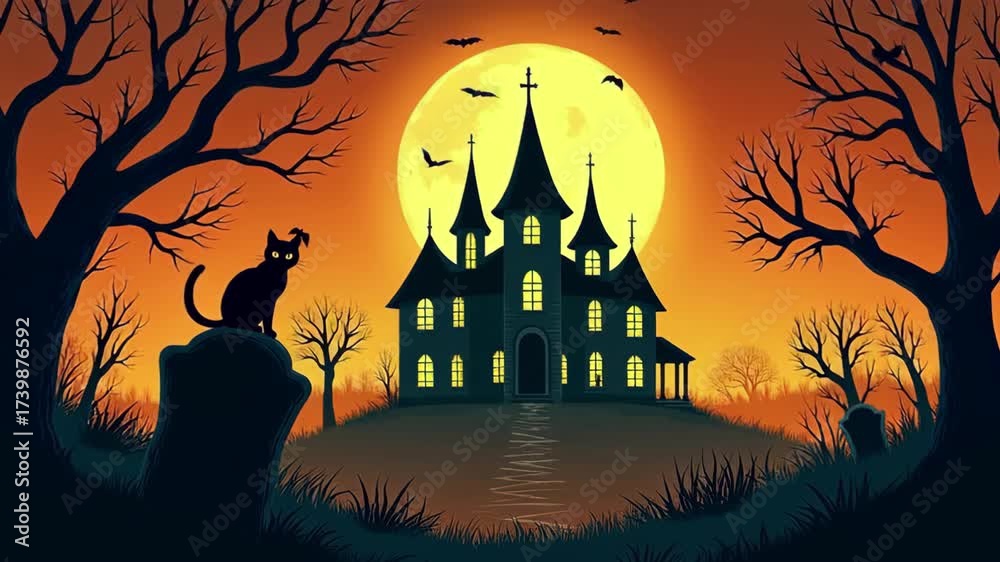 Spooky halloween night with haunted house and black cat silhouettes ...