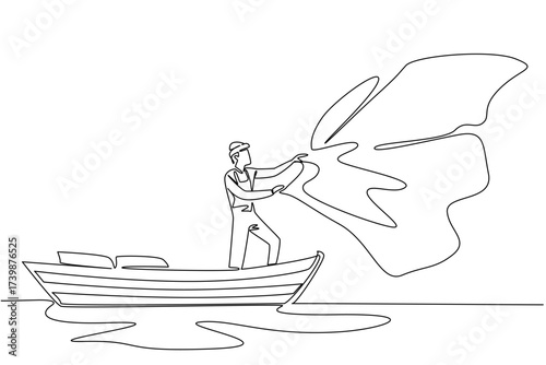 Single continuous line drawing a man wear a vest and hat stands on a wooden boat while casting a net. It is the month of the fish harvest. Fisherman Hold Fish. One line design vector illustration