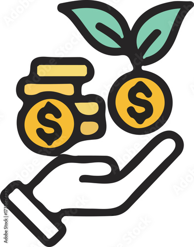 Investment Growth Concept Hand Holding Coins with Plant Symbolizing Financial Gain and Sustainable Prosperity Illustration