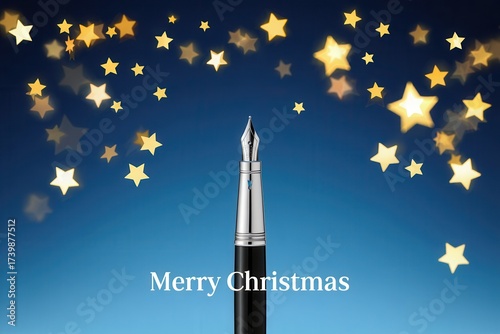 A close-up of a fountain pen with a festive starry background, conveying a holiday greeting. Perfect for Christmas-themed designs and stationery.