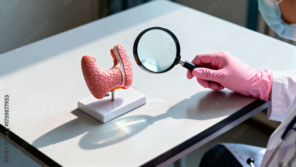 Fototapeta premium Doctor examining thyroid model with magnifying glass