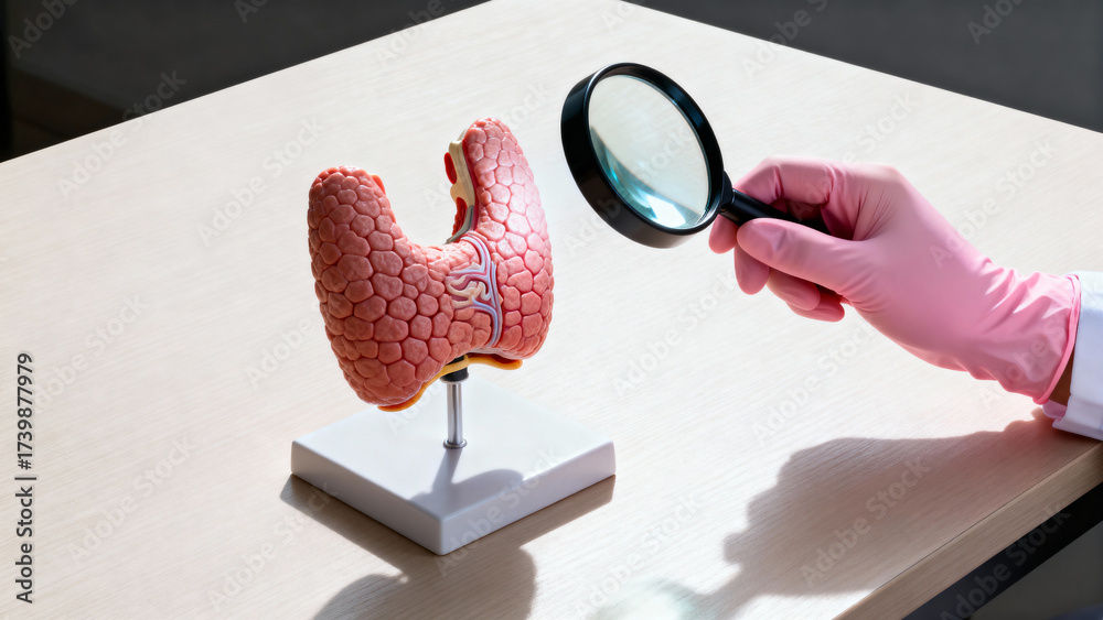 Fototapeta premium Thyroid gland model with magnifying glass
