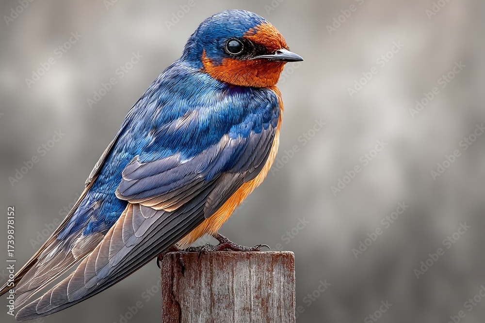 Obraz premium Striking photorealistic portrait of a barn swallow perched on a wooden post. Its distinctive blue and orange feathers are in sharp focus against a muted background.