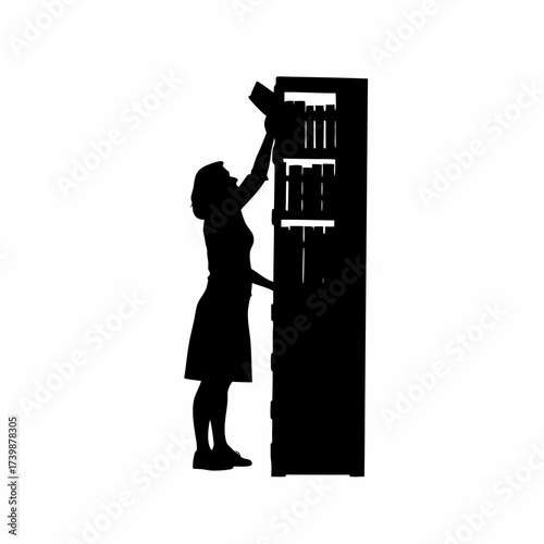 Silhouette of a woman dusting a bookshelf isolated on white background