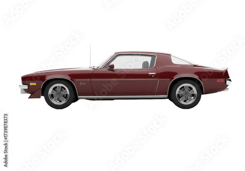 Isolated maroon 1970s sports car, coupe styling, muscle-car, classic automobile, vintage vehicle