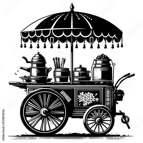 Black and White Vector Silhouette of Indian Street Food Cart