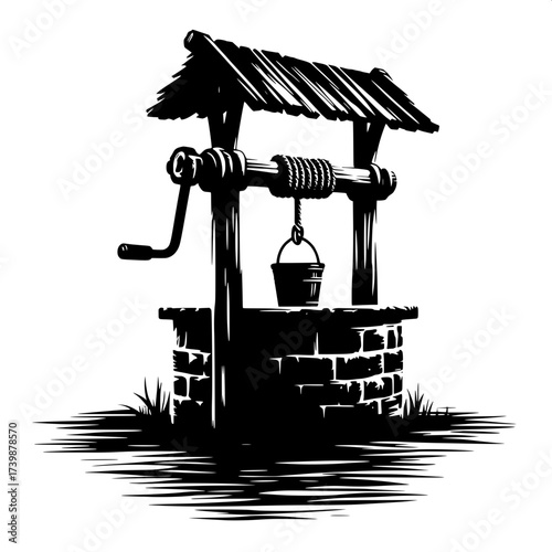 Black and White Vector Silhouette of Indian Village Well