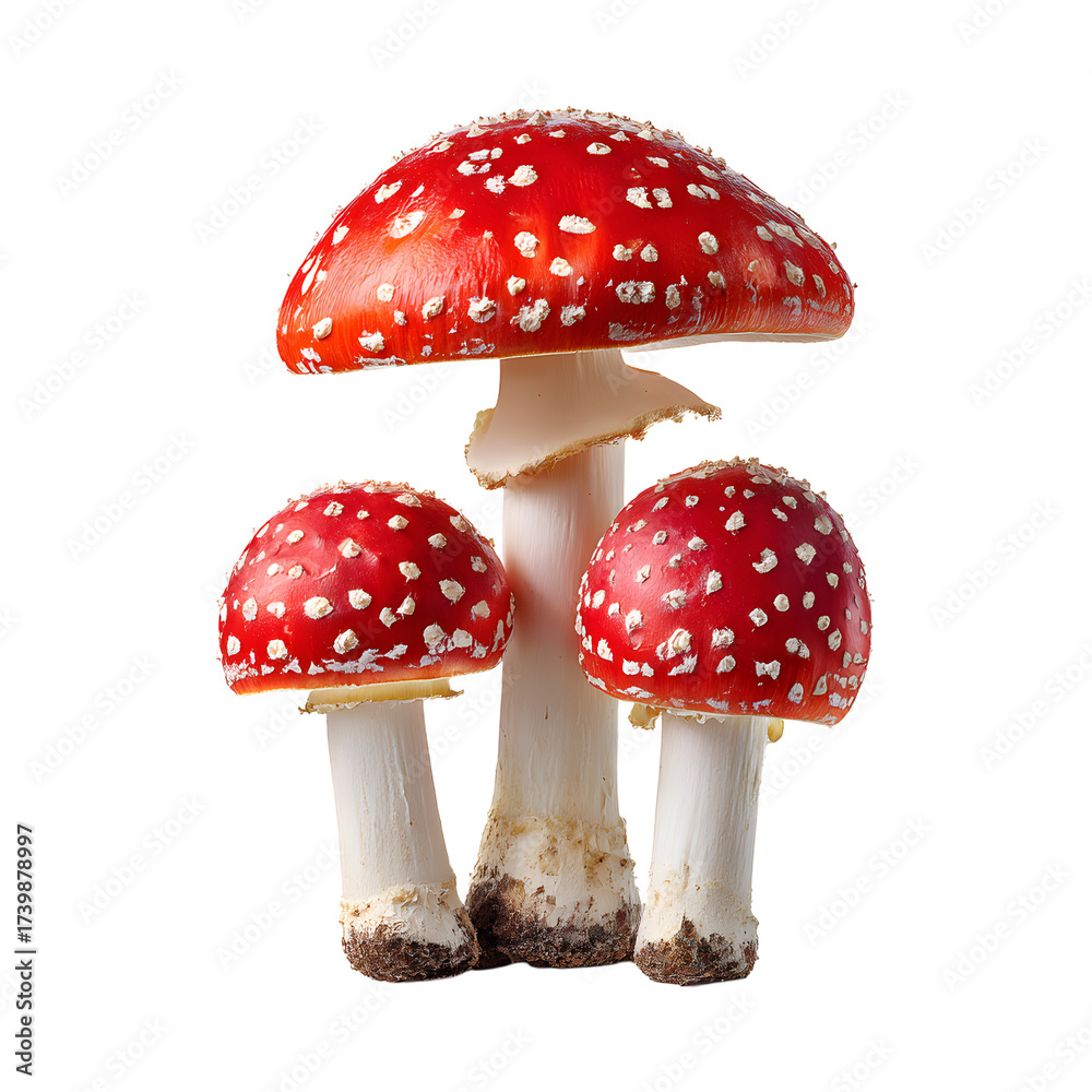 Obraz premium Vibrant Three Red Spotted Mushrooms with White Stems Close-Up Nature Photography