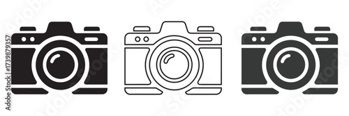 Camera Icon Set — Vector Collection of Black and Outline Photography Symbols for Photographer, Studio, Digital Camera, Snapshot, Lens, Media, Creative Design, and Photography Logo Illustration