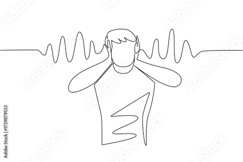 Continuous one line drawing a man in casual clothes holds ears with both hands and sound wave effects. Do not like noise. National Save Your Hearing Day. Single line draw design vector illustration