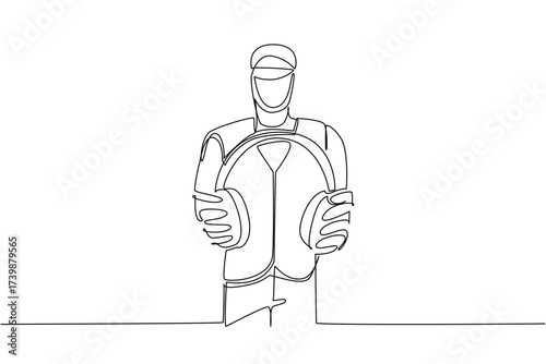Single continuous line drawing construction worker wear vest and helmet, holds headphones with both hands. Noise cancelling device. National Save Your Hearing Day. One line design vector illustration
