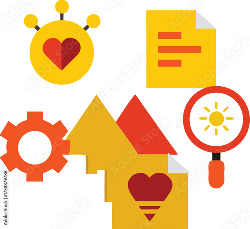 Colorful Abstract Business Icons with Heart and Light Bulb Concept