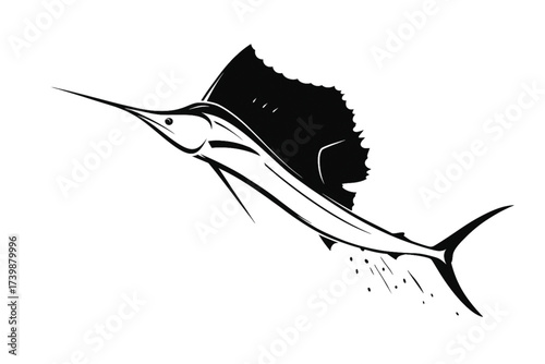 Jumping Sailfish Vector Illustration. Black and White Sport Fishing, Marlin, or Swordfish Icon for Logo Design, Offshore Tournament, and Deep Sea Seafood Restaurant Menu..  Adobe Illustrator Artwork