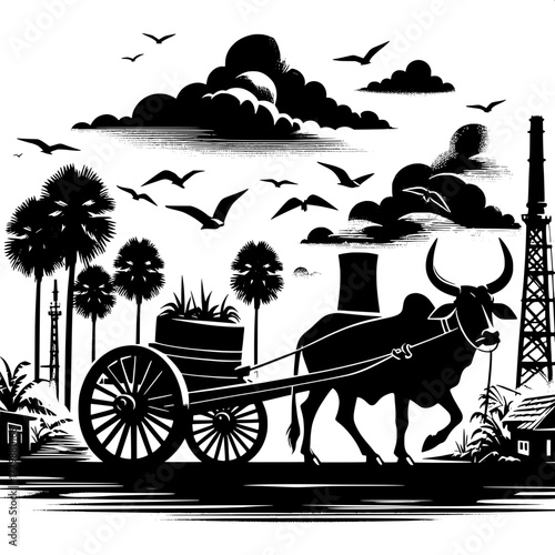 Black and White Vector Silhouette of Indian Bullock Cart