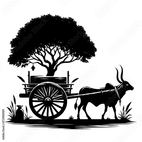 Black and White Vector Silhouette of Indian Bullock Cart
