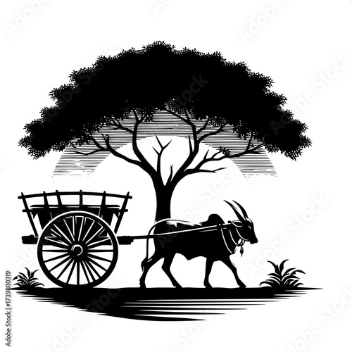 Black and White Vector Silhouette of Indian Bullock Cart