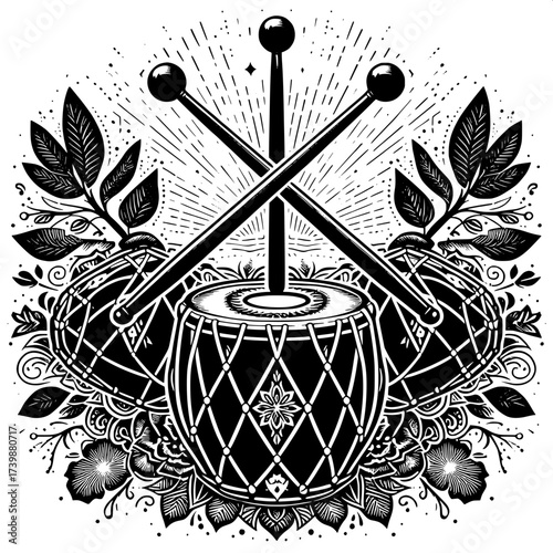 Black and White Vector Silhouette of Indian Traditional Drumsticks with Dhol