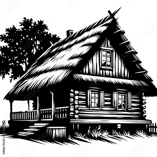 Black and White Vector Silhouette of Indian Village Hut
