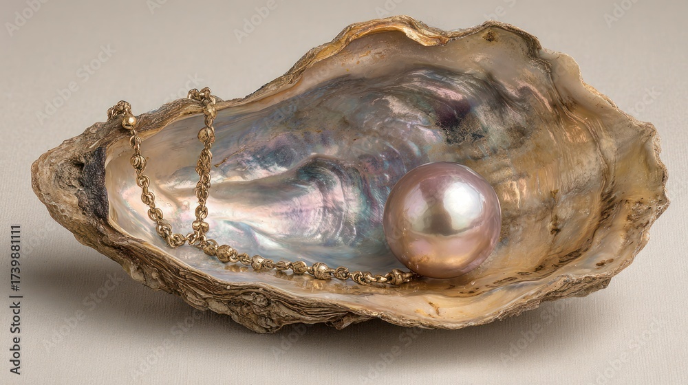 Naklejka premium A large pearl and a chain adorn the iridescent interior of an oyster shell on a neutral backdrop