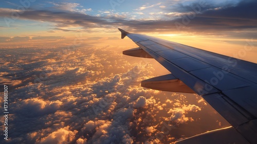 Fototapeta Naklejka Na Ścianę i Meble -  Aerial view from airplane window featuring wing above golden clouds during a beautiful sunset flight