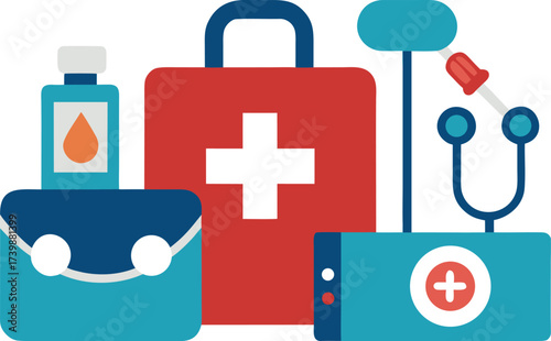 Detailed vector illustration of medical healthcare set with first aid kit stethoscope and sanitizer