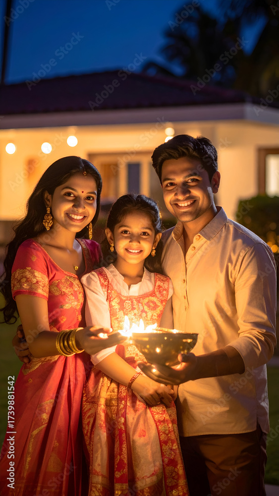 Obraz premium Indian Family Celebrating Diwali Festival with Diyas.