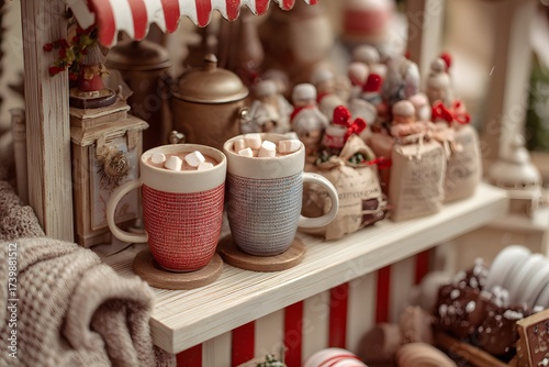 Close-up of steaming hot chocolate in a cup at a festive Christmas market stall, cozy winter drink with seasonal decorations and warm holiday atmosphere, perfect for festive and food concepts