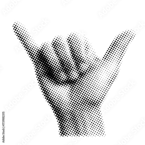 Halftone shaka sign with hand gesture in black and white illustration