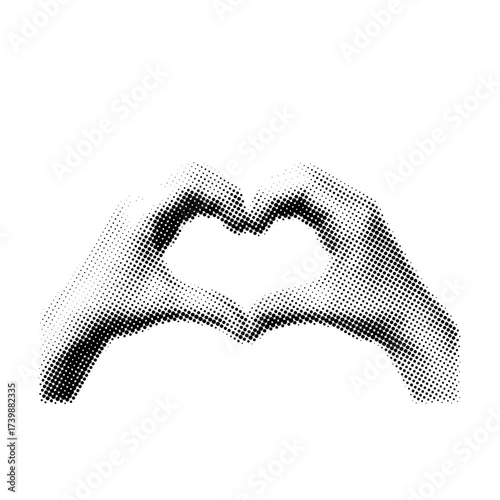 Halftone artistic hands forming heart symbol on white background