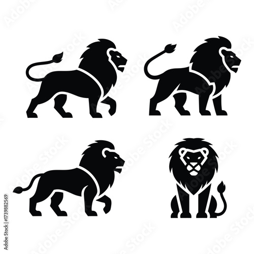 Majestic lion silhouettes four regal poses dynamic stance power symbol wild animal pride strength representation silhouette