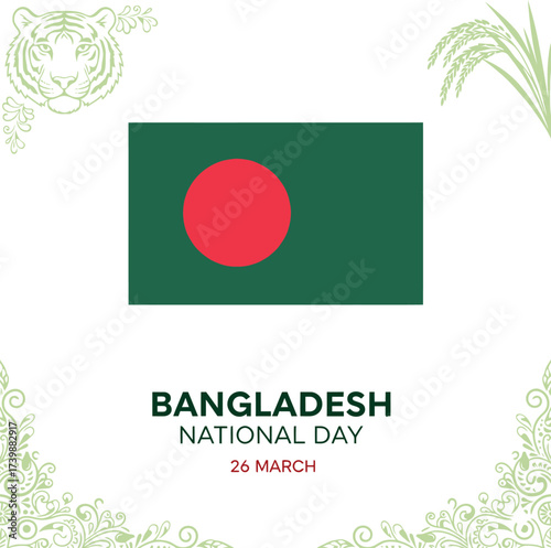 Happy Bangladesh National Day design for March 26. Patriotic concept with the national flag, tiger and rice symbols, and traditional Alpona style floral art.