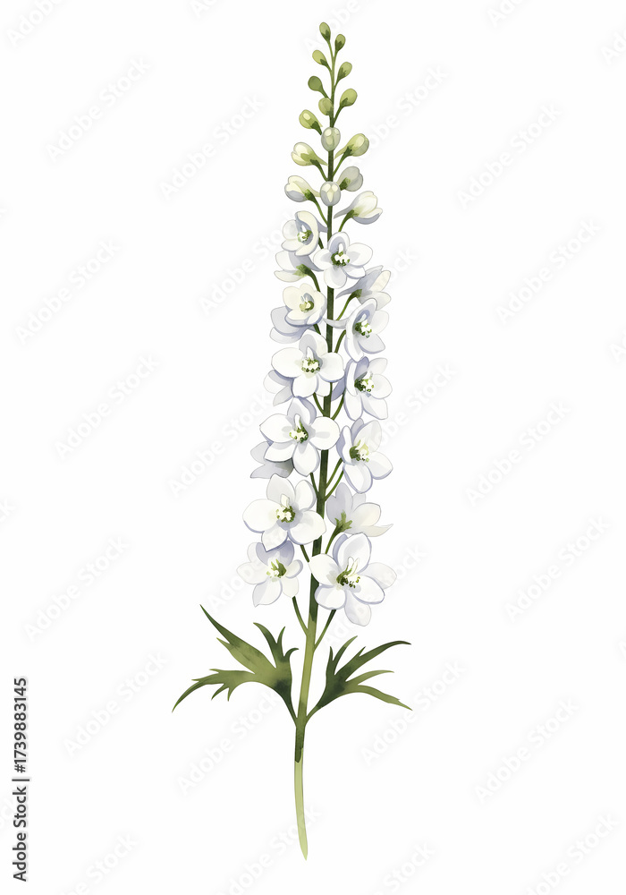 Obraz premium Watercolor Delphinium A Blooming White Flower Portrait