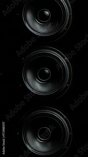 Close up of black music speaker with pulsating speakers beating in rhythm with music creating dynamic audio visualization.