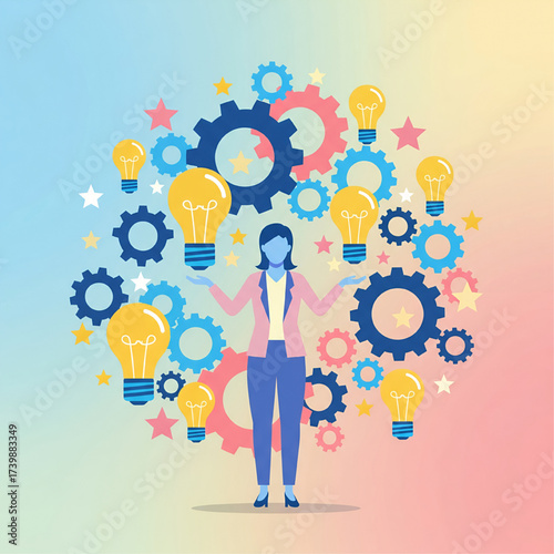 Empowered Woman Brainstorming Creative Ideas with Gears and Lightbulbs