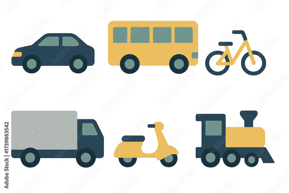 Naklejka premium Set of transportation symbols including car bus bicycle truck scooter and train