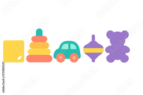 Collection of colorful classic children's toys including a stacking ring, car, spinning top, and teddy bear