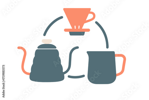 Stylized pour-over coffee brewing process with kettle dripper and carafe