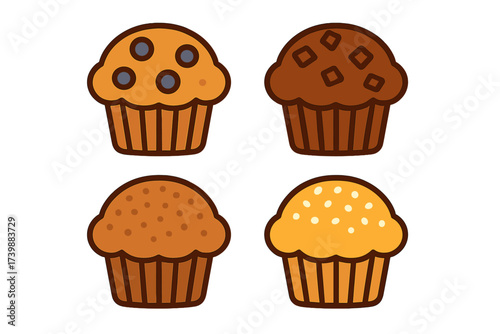 Assortment of four delicious baked muffins with various toppings and flavors